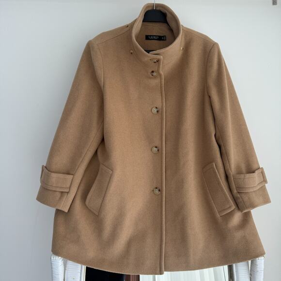 Ralph Lauren Wool Blend Car Coat Womens XL Camel Icon A Line Minimalist Luxury - Picture 4 of 16